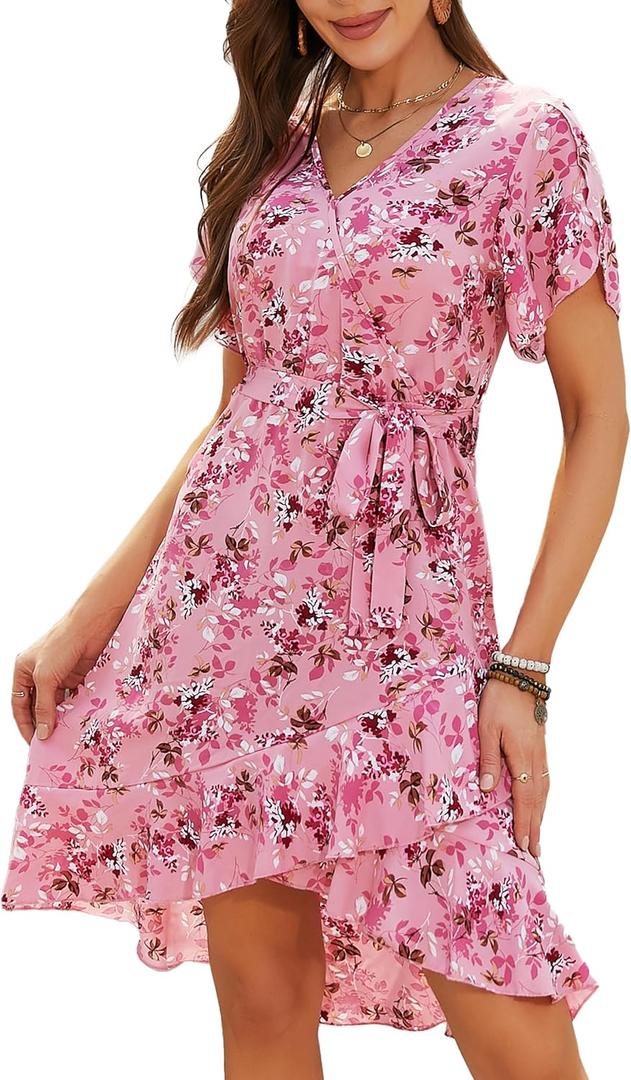 Womens Wrap V Neck Short Sleeve Dress 2025 Summer Floral Boho Dress Ruffle A Line Flowy High Low Midi Dresses (Pink, XL)