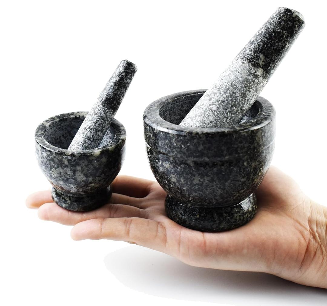 2 pcs Granite Mortar and Pestle Set, Miniature Grinder for Herbs, Asian Spices and Seeds for Thai, Chinese, Indian Cuisine Chefs and Home Cooks  (Grey 2 in and Grey 3 in.) (2 pcs Cup 2 oz. & 1 oz.)