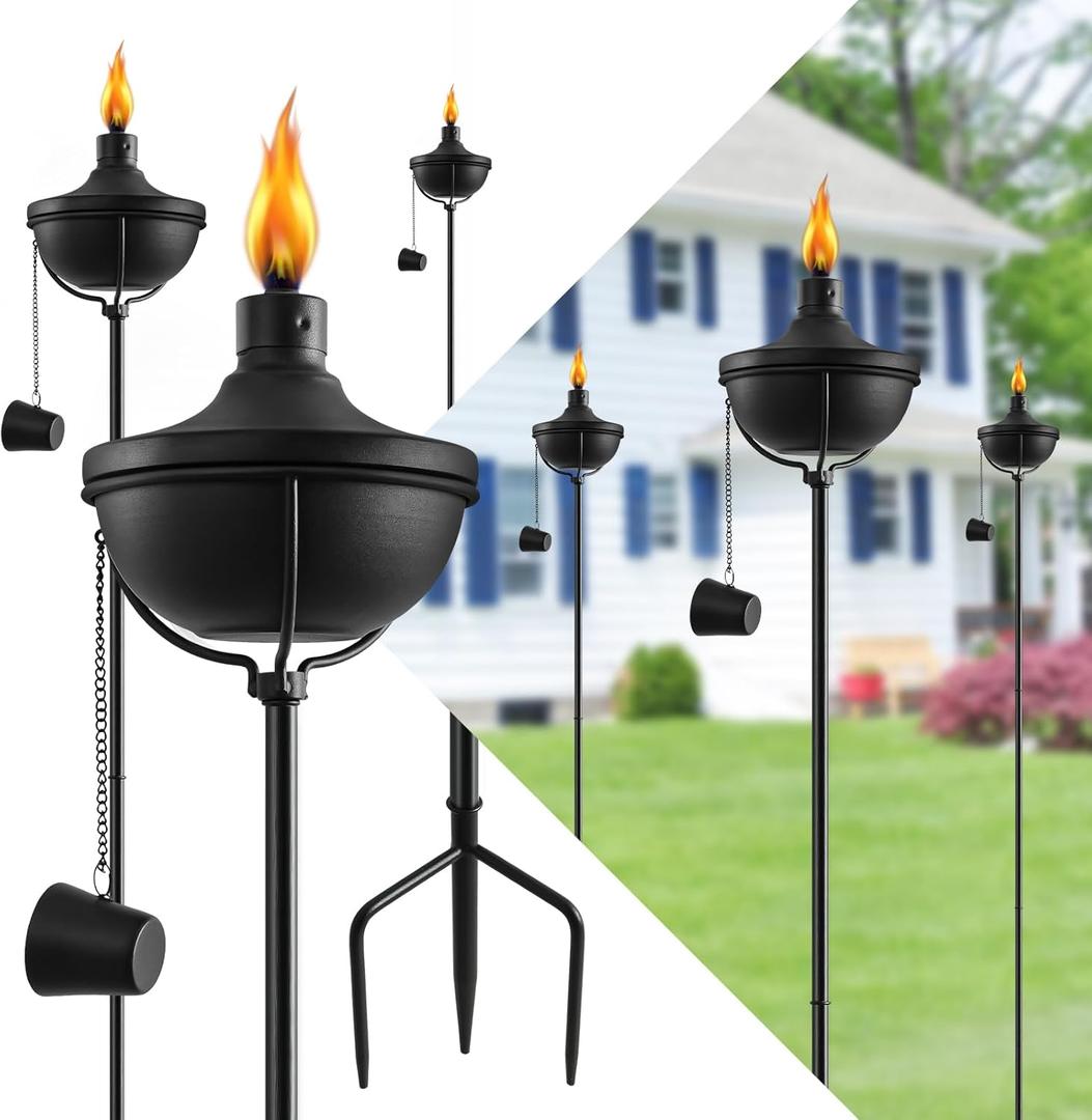 24 Oz Home Garden Torch Set of 6, Outdoor Metal Torch Garden Dcor,55-Inch Upgraded Citronella Torches with 3-Prong Grounded Stake, Metal Light Torches for Party Patio Pathway