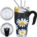 WETOWETO 30 oz Tumbler Stainless Steel Vacuum Insulated Coffee Cup with Handle, Double Wall Vacuum Coffee Tumbler for Hot and Cold drinks, Suitable for Beach, Travel (Daisy Flower, 1 Pack)