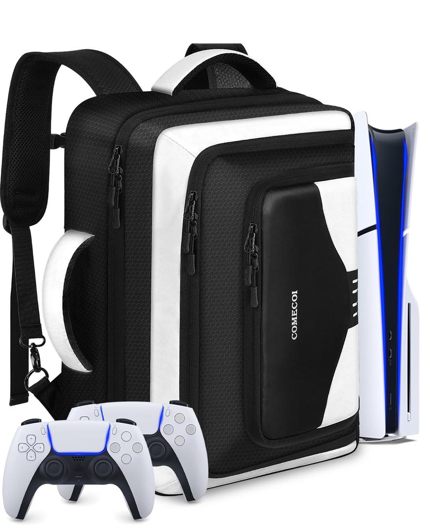 COMECOI Carrying Case for PS5, Travel Backpack for PS 5 Pro, Large Capacity Protective Storage Bag Compatible with Playstation 5 Disk/ Digital Edition Console, Controllers, Cards, Accessories (White)