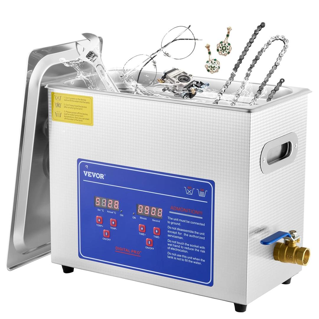 VEVOR Ultrasonic Cleaner with Digital Timer & Heater, Professional Ultra Sonic Jewelry Cleaner, Stainless Steel Heated Cleaning Machine for Glasses Watch Rings Small Parts Circuit Board (6L)