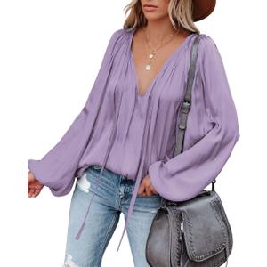 LAMISSCHE Womens Sexy Deep V Neck Blouse Bell Long Sleeve Satin Flowy Tops (M)
