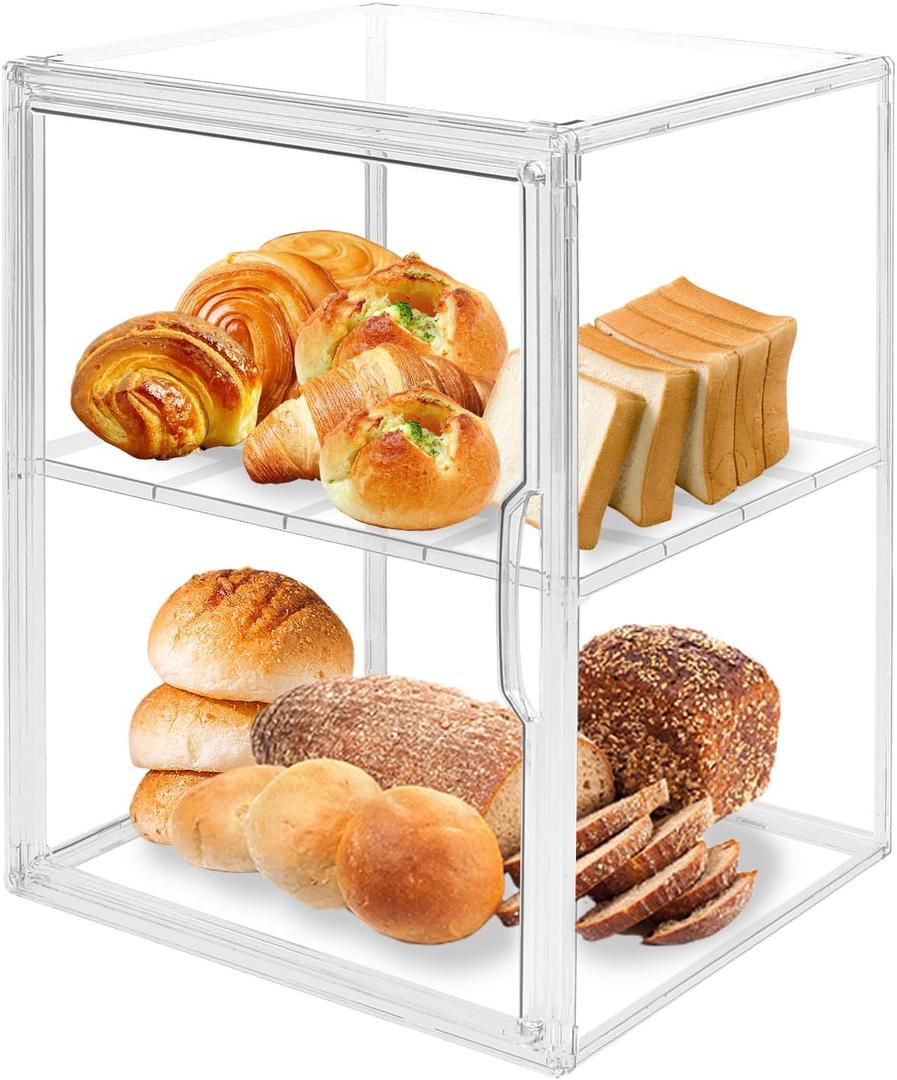 Large Clear Bread Box for Kitchen Countertop 2 Layers Acrylic Pastry Display Case Bakery Storage Container with Magnetic Door Bread Keeper for Homemade Cookie Cupcake Muffins Bagel