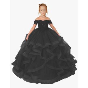 Christmas Flower Girl Dresses for Wedding Kids Button Draped Tulle Ball Gowns for Kids, Small