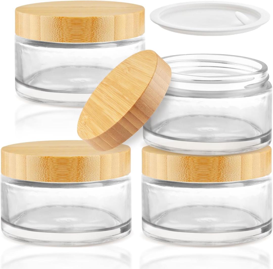 4 Pcs 200g/6.7oz Clear Cosmetic Containers Glass Jar Empty Sample Jars with Bamboo Lids for Cream Lotion Lip Balm Makeup