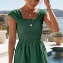 HEYTALALA Womens Cap Sleeve Peplum Tops Square Neck Smocked Babydoll Blouse Ruffle Loose Fit Tunic Top Dressy Tee Shirts (Green, M)
