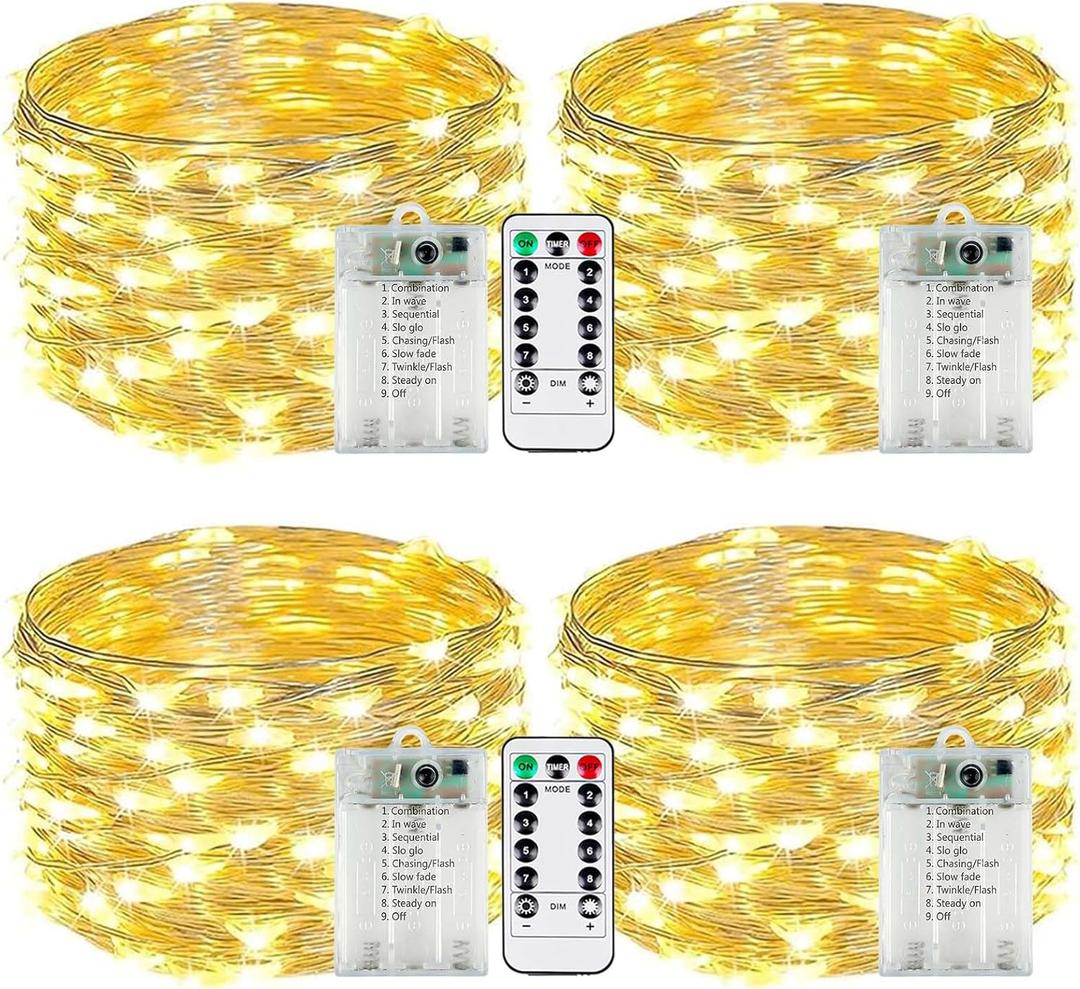 4-Pack Fairy Lights Battery Operated with Remote & Timer & 8 Modes, Waterproof 16 FT 50 LED String Lights Outdoor Indoor, Battery Twinkle Lights for Christmas Bedroom Centerpiece Dcor (Warm White)