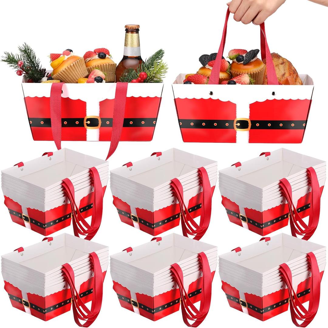 Glenmal 36 Pcs Christmas Gift Baskets Empty Kraft Christmas Paper Baskets Bulk with Handles 9.8 x 6.5 x 4.3 Inch Waterproof Reusable Gift Bag for Xmas Holiday Packaging Supply(Santa Claus,Red)