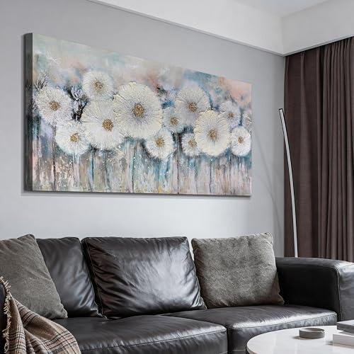 Acocifi Floral Canvas Wall Art for Living Room Dandelion Picture Large Flower Bedroom Painting 60% Handmade Textured, Grey Vintage Artwork Framed for Dining Room Office Home Decor 40"x20"