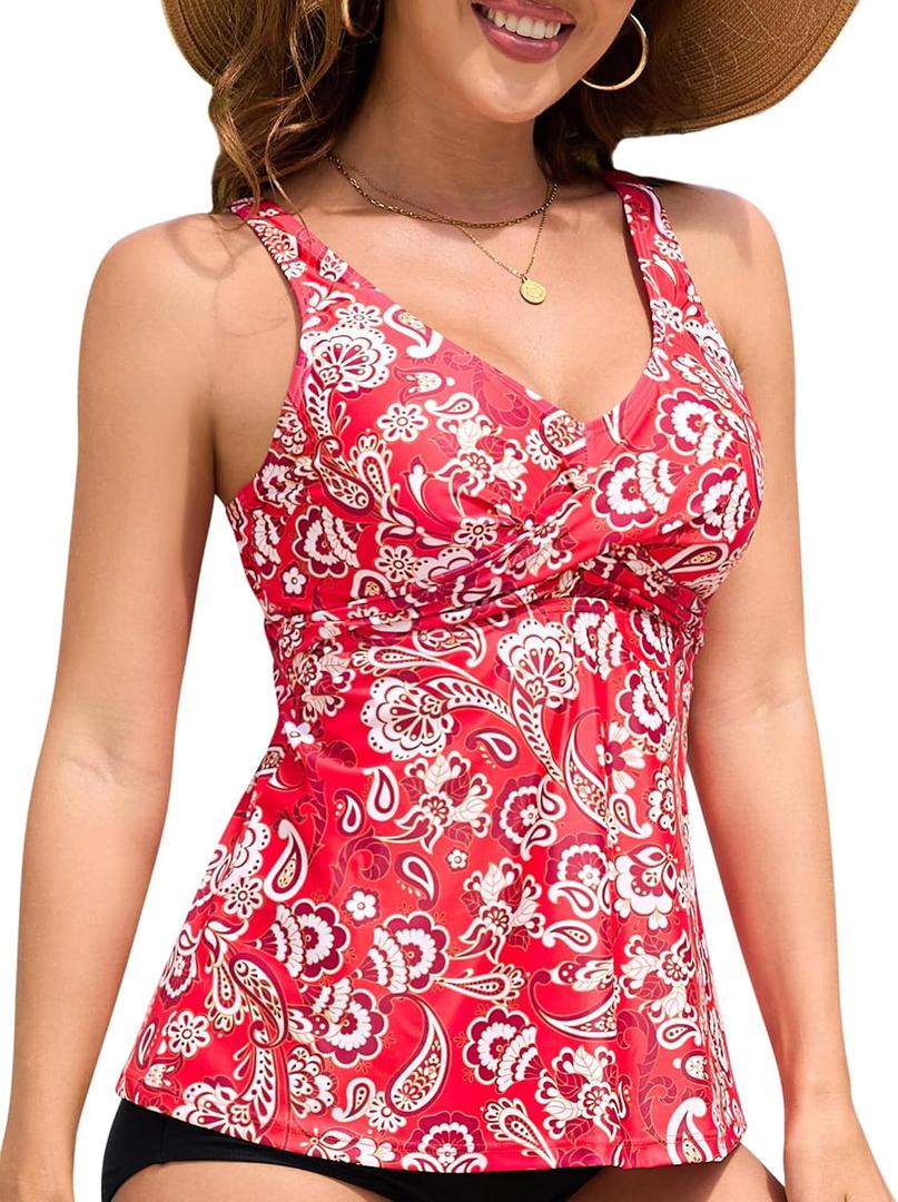 ANFILIA Womens Tankini Top Twist V Neck Bathing Suit Top Flowy Padded Swimsuit Top Swim Tank Top Only (L)