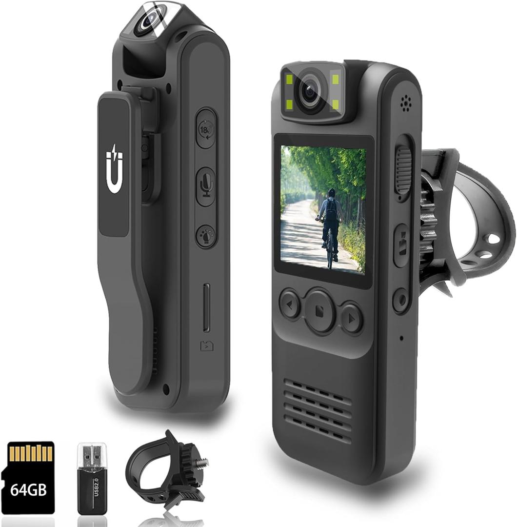 Body Camera with Audio and Video Recording,1080P HD 64GB Storage, 180 Rotating Lens, 1.4" Display Portable Wearable Cam for Law Enforcement, Outdoor Activities, Riding, Hiking (Without Magnetic Lanyard)
