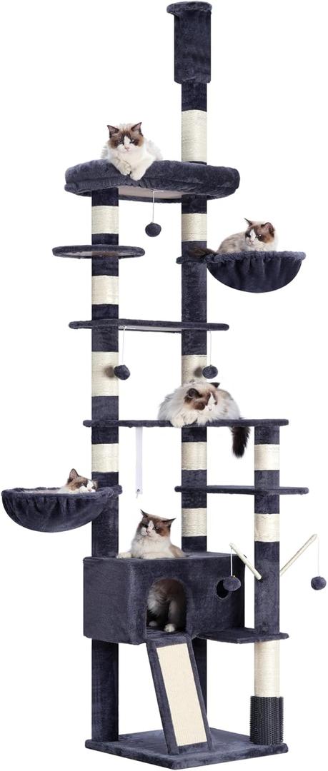 Hey-brother Cat Tree, 98.4-110.2 Inches Floor to Ceiling Cat Tree-Adjustable Height, Tall Cat Climbing Tower for Cats Large Adult with Scratching Post, Cat cando, Smoky Gray 0MPJ091G