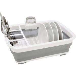 Kitchen Details Collapsible Dish Drying Rack | Space Saver | Aerated Bases Drain Holes | Plates, Bowls, Utensils Compartments | Countertop and Sink Storage | White/Grey