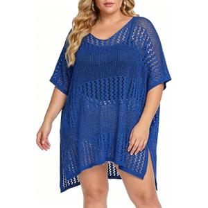 Chalier Swimsuit Coverup for Women Crochet Beach Cover Ups Hollow Out Plus Size Bathing Suit Cover Up Swim Dress (XL)