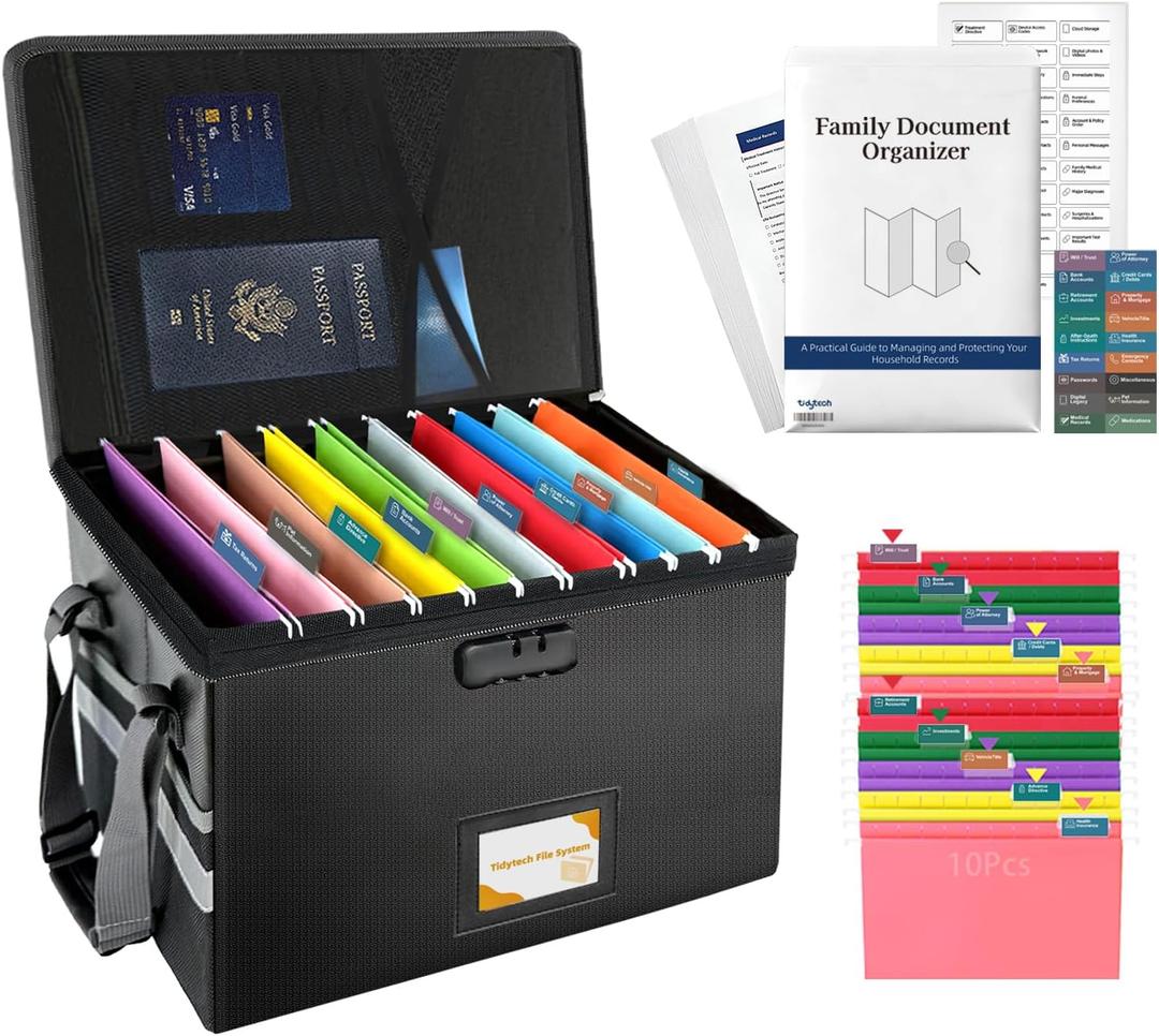 Deluxe Pro Large Next of Kin Box Organizer with 50-Page Family Document Guide, Fireproof Foldable File Organizer with Combination Lock, 10 Hanging Files and 115 Category Labels (15.7"L12.2"W10.6"H)