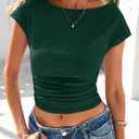 PRETTYGARDEN Women's Ruched Crop Tank Tops 2025 Summer Trendy Cap Sleeve Ribbed Knit Basic Fitted Going Out Tee Shirts (Dark Green,Small) (Green, S)