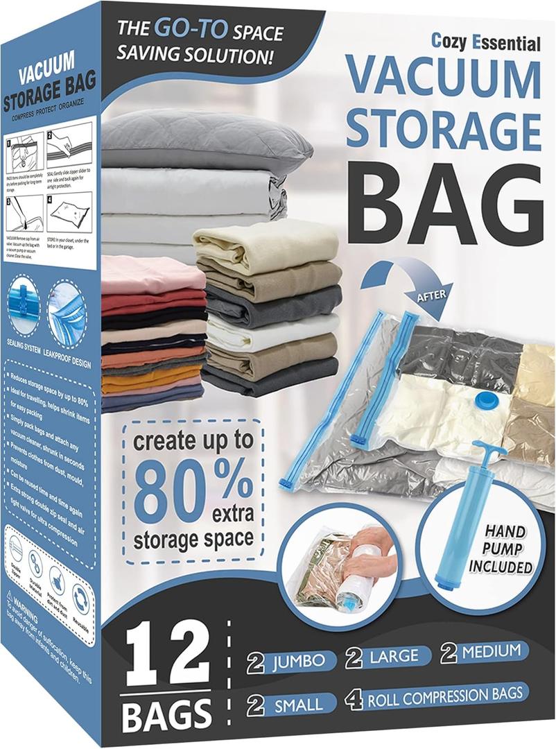 Cozy Essential 12 Pack Vacuum Storage Bags, Space Saver Bags (2 Jumbo/2 Large/2 Medium/2 Small/4 Roll) Compression for Comforters and Blankets, Pillow, Bedding, Sealer Clothes Storage