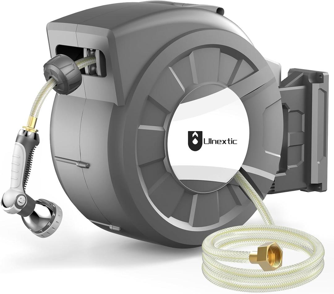 Retractable Garden Hose Reel, 5/8 in x 75 ft Wall Mounted Hose Reel,10-Pattern Spray Nozzle, Any Length Lock/Slow Return System/Wall Mounted/180Swivel Bracket