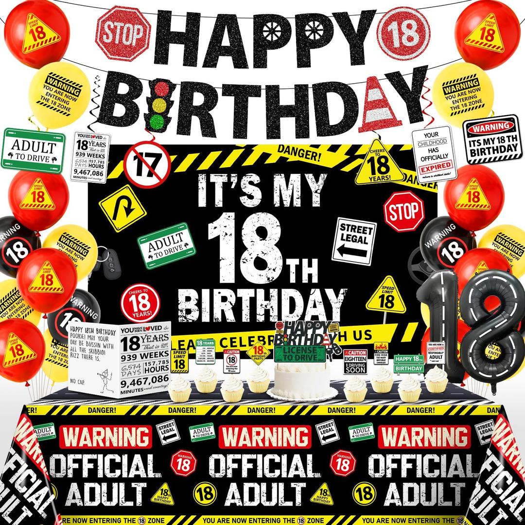18th Birthday Decorations for Boys, 40Pcs Caution Logos 18 Birthday Boy Decorations Banner Backdrop, Happy 18th Birthday Tablecloth, 18 Year Old Boy Birthday Balloons Hanging Swirls Cake Toppers