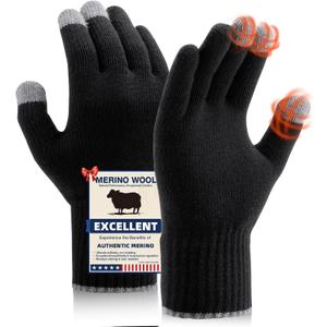Merino Wool Gloves for Men Women, Touch Screen Warm Glove Liners Thermal Soft Knit Lining for Winter Running Hiking