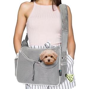 PetAmi Small Dog Sling Carrier, Soft-Sided Crossbody Puppy Carrying Purse Bag, Adjustable Sling Pet Pouch to Wear Medium Cat Travel, Dog Bag for Traveling, Poop Bag Dispenser, Max 10 lbs, Stripe Black