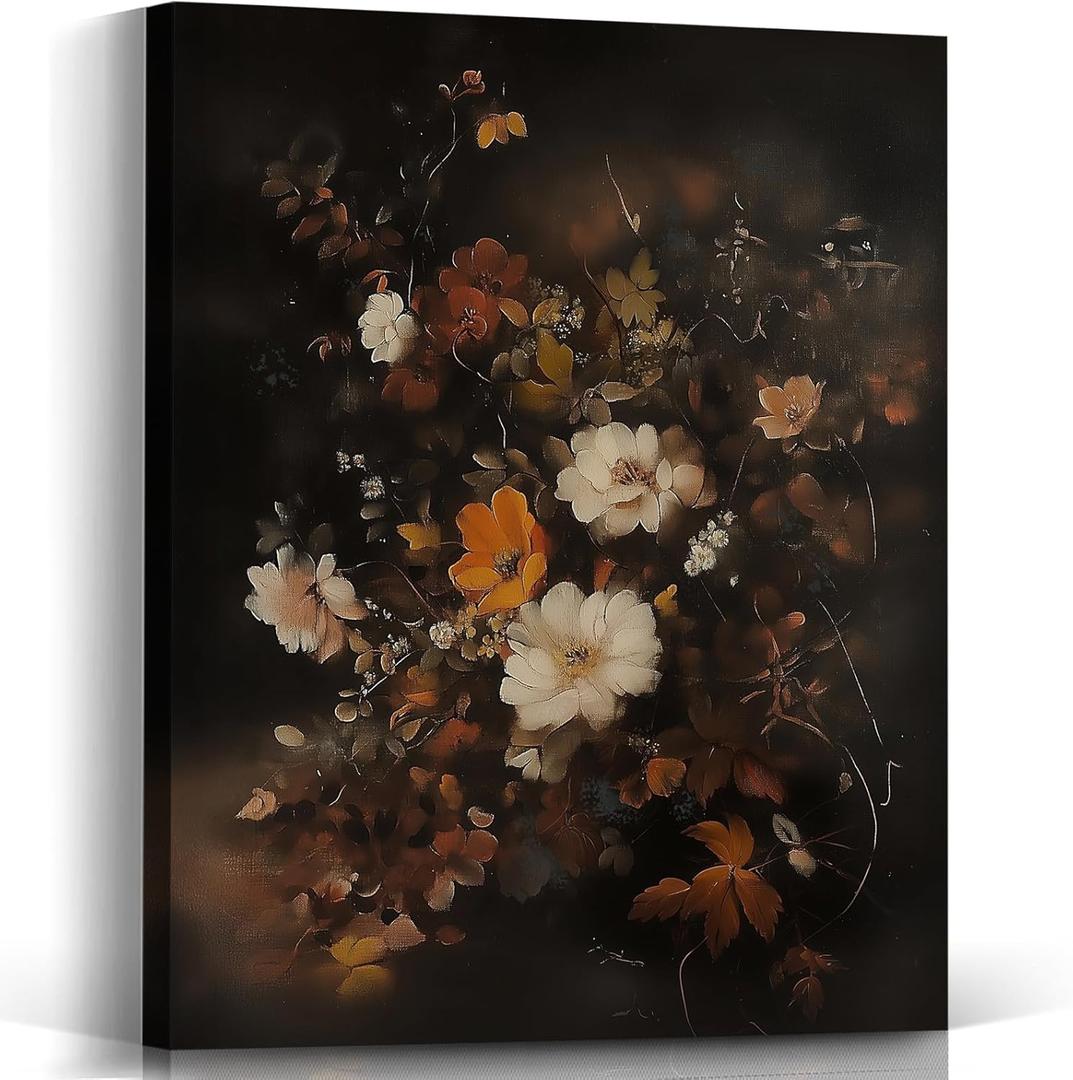 Voxitura Vintage Fall Floral Wall Art Canvas, Rustic Farmhouse Wildflower Wall Decor Living Room Bathroom, Autumn Moody Paintings Pictures Prints Framed Decorations for Bedroom Thanksgiving 12x15in