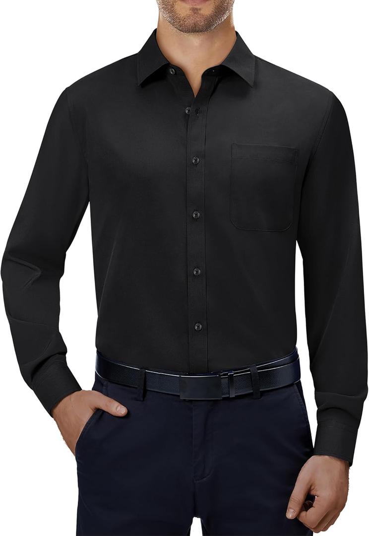 Alimens & Gentle Mens Dress Shirts 4-Way Stretch Long Sleeve Collared Casual Solid Wedding Dating Button Down Shirt (Medium, Black)