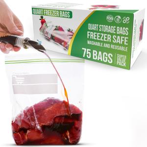 Quart Size Freezer Bags 75 Count, Resealable, Extra Strong 2 Mil Leak Proof Double Zipper Clear Stand Up Food Bags