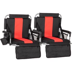 LET'S CAMP Folding Stadium Seat Bleacher Chair with Cup Holder, Mesh Bag and Hide Hooks, Portable Stadium Chair with Back and Cushion (Black Red - 2 Pcs)