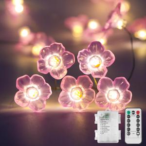 Cherry Blossom Lights, Flower String Lights Battery Operated with Remote, Decorative Pink Fairy Light for Bedroom, Holiday, Partry, Indoor