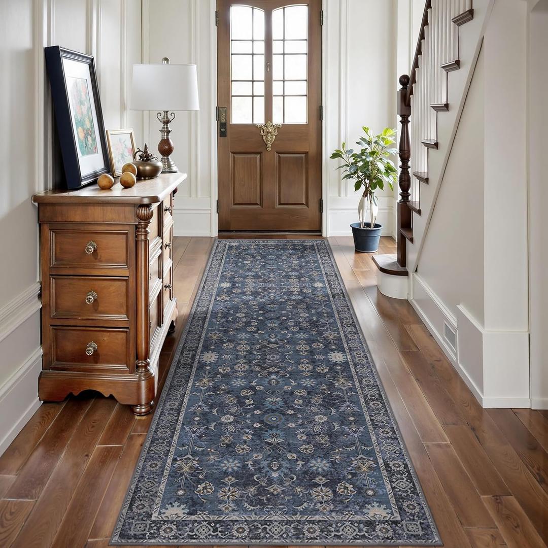 Tangsoo 2.6x8 Runner Rug for Hallway Kitchen, Non Slip Washable Long Rug Runner Boho Vintage Floral Carpet, Distressed Blue Black Soft Low Pile Indoor Runners for Entryway, Laundry, Kids&pets Friendly