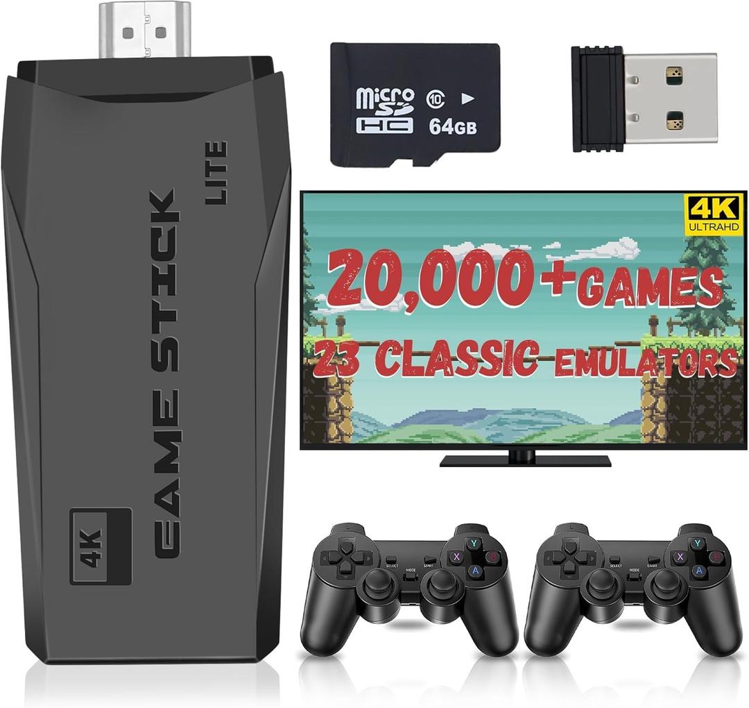 Wireless Retro Game Console, Retro Game Stick with Built-in 23 Emulators, 20,000+ Games, 4k Hdmi Output, and 2.4GHz Wireless Controller, Plug and Retro Play Video Games for Tv (64 GB)