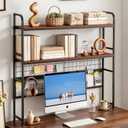 VECELO 2-Tier Desktop Bookshelf, Retro Brown Metal Desk Hutch with Grid Panel, 45.3 Inch Wide Countertop Storage Organizer for Bedroom & Dorm