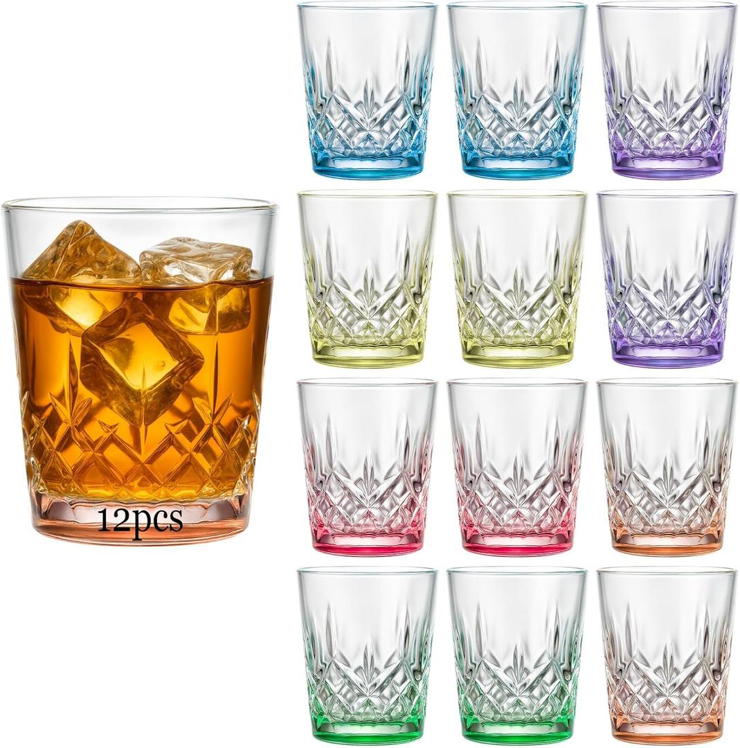 Ruckae 12 Pack 1.5oz Shot Glasses Set Crystal Shot Glass Bulk Gradient Colorful Cone Shot Glasses for Vodka Tequila Whiskey Liquor