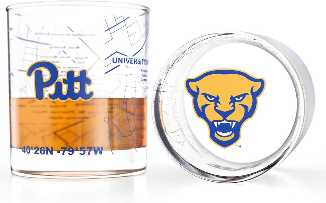 Greenline Goods  University of Pittsburgh Panthers College Whiskey Glasses (Set of 2), 10 oz  Full-Color Logo + Campus Map