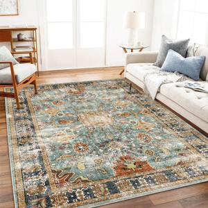 Area Rug 9'x12' Washable Vintage Traditional Mat Distressed Indoor Foldable Thin Retro Accent Floral Print Non Slip Carpet for Living Room Dining Room Office (Khaki and Blue)