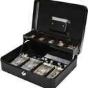 Jssmst Large Cash Box with Money Tray and Lock - Safe Box for Cash Saving Key Lock Money Organizer Box, 11.8L x 9.5W x 3.5H Inches, Black, SM-CB0501L, XLarge
