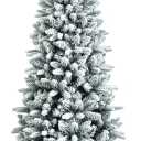 7.5Ft Snow-Flocked Artificial Christmas Tree, Hinged Pencil Slim Xmas Tree w/ 1189 Branch Tips, Folding Metal Base, Realistic Holiday Tree Decoration for Indoor and Outdoor Use