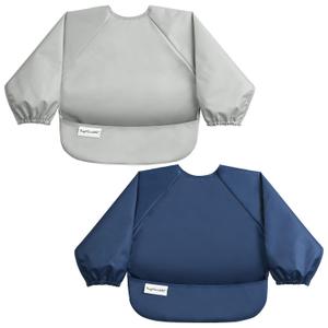 Tiny Twinkle Long Sleeve Bib for Babies & Toddlers | 2-Pack Waterproof Smock Bib for Eating | Machine Washable & Mess-Proof Feeding Essentials | Newborn Shower Gift (Grey Indigo,624M)