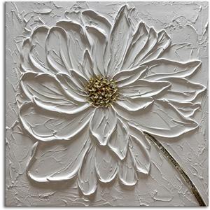 Slyart Hand Paintings 3D Floral Canvas Wall Art 24x24 Inches Abstract White Flower Paintings Modern Contemporary Texture Wall Art White Artwork for Home Decorations