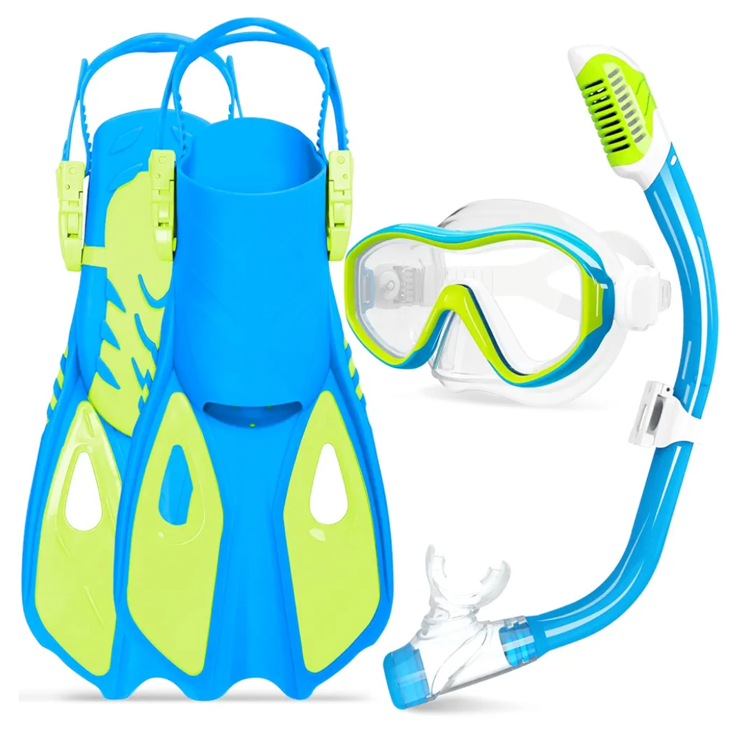 GoseWave Snorkeling Gear for Kids, Kids Snorkel Set for Ages 5-15, Anti-Fog Diving Mask and Dry Top Snorkel Set, Unisex Swimming Goggles with Nose Cover S/M