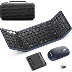 Foldable Keyboard and Mouse, Samsers Folding Bluetooth Keyboard Combo, 2.4G + BT5.0 x 2, Full Size Portable Travel Keyboard & Rechargeable Wireless Mouse for Windows Android iOS Mac OS, Midnight Blue