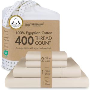 Threadmill Egyptian Cotton Queen Sheet Set | 100% Certified Egyptian Cotton Bed Sheets for Queen Size Bed | Queen Bed Sheets Set with Snug Fit 16" Deep Pocket | Soft Cooling Sateen Bedding Set | Beige (Light Beige Solid)