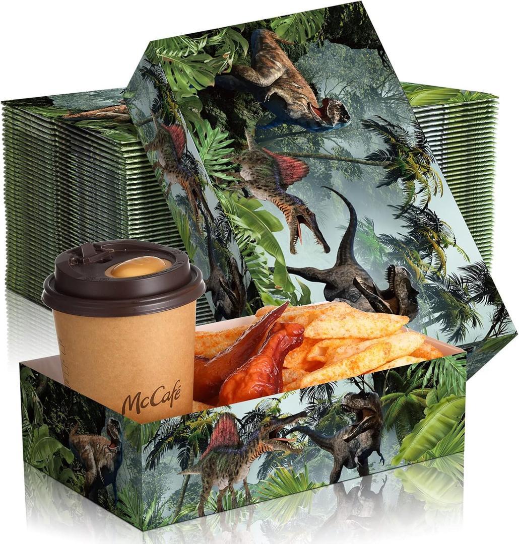 Funtery 50 Pcs Dinosaur Disposable Paper Tray 5lb Dinosaur Food Trays for Party Large Birthday Party Decorations Serving for Nacho Hot Dogs Popcorn Snack