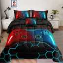 6 Pieces Bed in a Bag for Boys Bedding Sets Queen Size,Gamer Comforter Sets for Boys Kids, Gaming Comforter Set for Teens Room Decor with Flat Sheet,Fitted Sheet,Pillowcase,Cushion Cover (A35-blue-red)