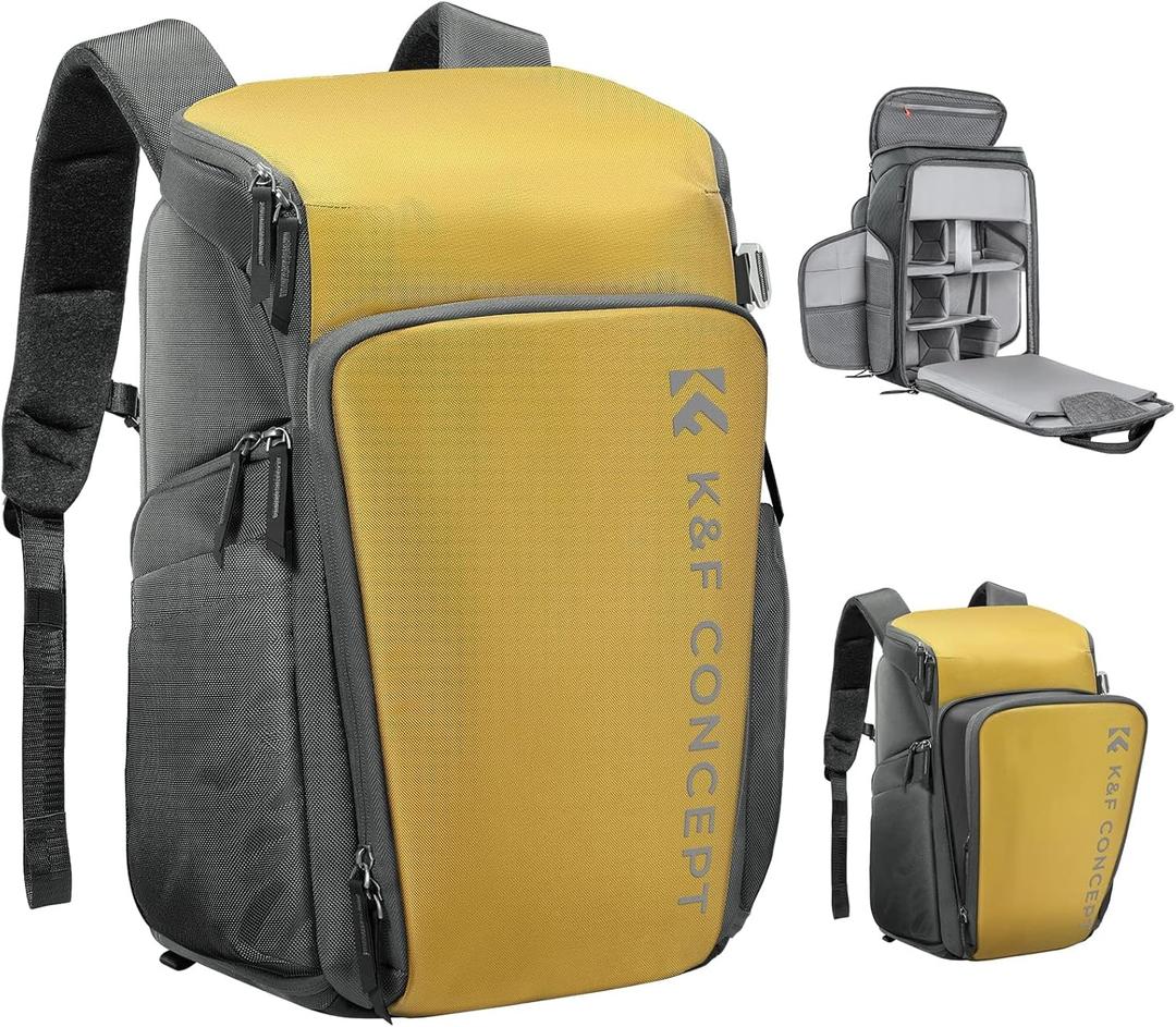 K&F CONCEPT Professional Camera bag Backpack 25L Large Capacity Camera Case with Raincover 15.6 Inch Laptop Compartment Compatible with Canon/Nikon/Sony/DJI Mavic Drone Travel Camera Backpack (Lemon Yellow)