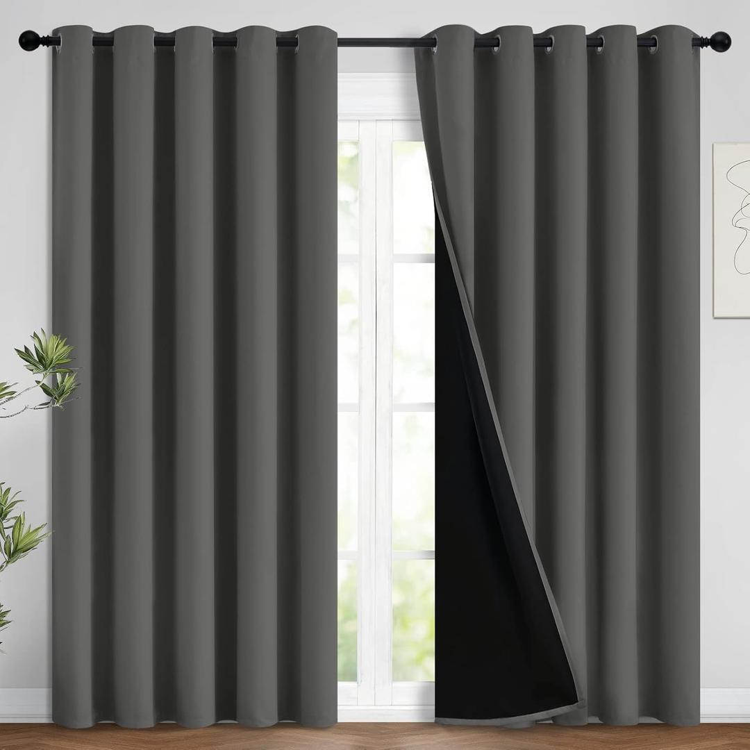 Yakamok Total Blackout Curtains, 2 Thick Layers Completely Blackout Soild Thermal Insulated Drapes with Black Liner for Bedroom(62Wx84L, Dark Grey, 2 Panels)