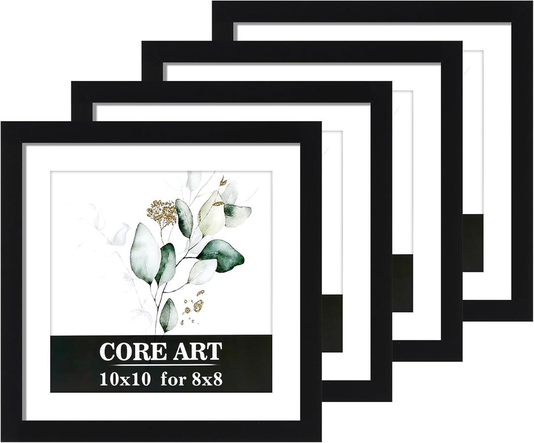 CORE ART 10x10 Picture Frame Set of 4, Display Pictures 8x8 with Mat or 10 x 10 without Mat, Multi Photo Frames Collage for Wall or Tabletop Display, Black