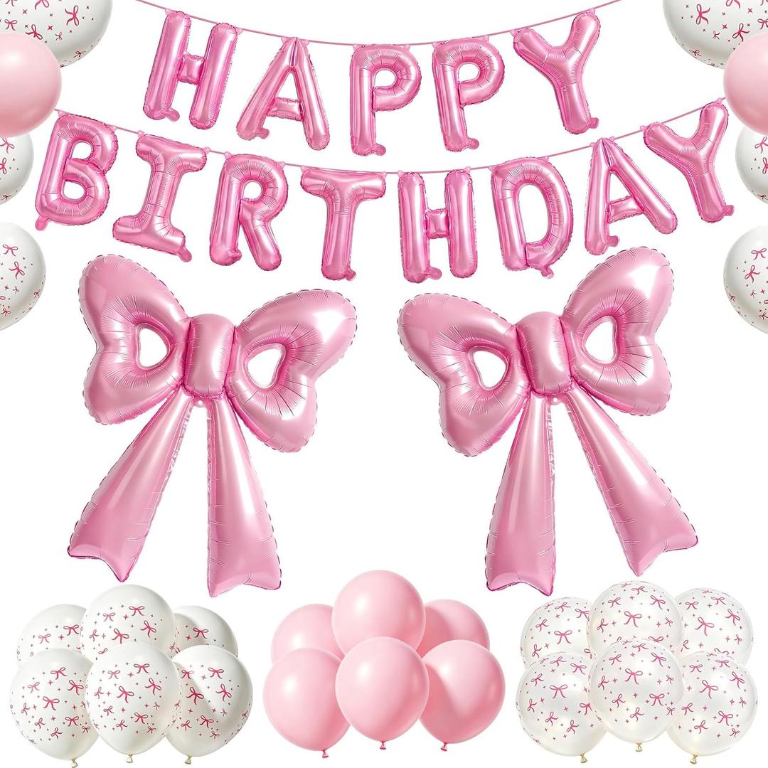 2 x Bow Birthday Decorations 2Pcs 26 Inch Giant Pink Bow Balloons with16 Inch Happy Birthday Foil Balloon Banner and 18Pcs Bow Pattern Balloons for Girl Women Coquette Party Decor Baby Shower